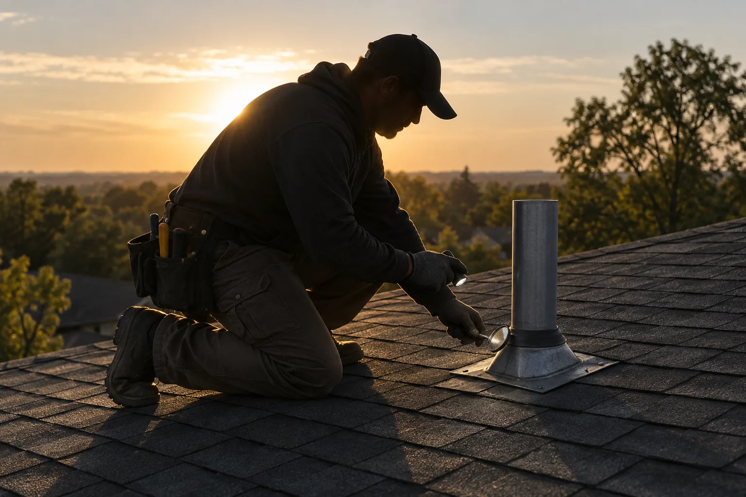 Backlit roofer kneeling beside a roof vent with an inspection mirror and flashlight