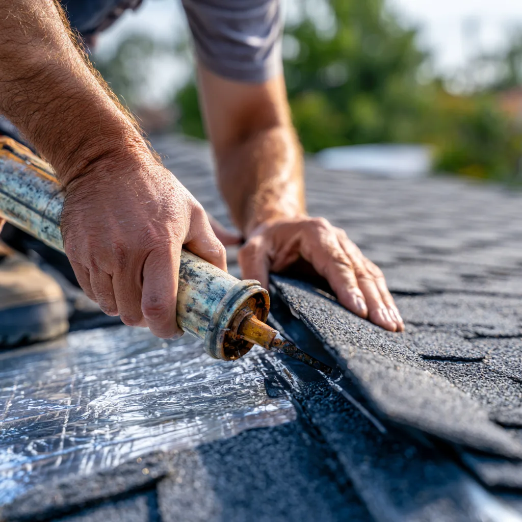 A roofer applying sealant to a shingle edge to stop a roof leak